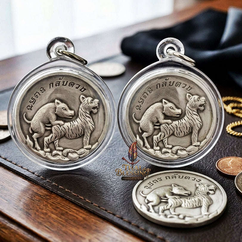 Moo Pi Suea Coin Thai Amulet Protection talisman good luck charm spiritual jewelry Sacred Pig Mating Tiger Alchemy Coin Wealth Elevation & Satin Silver Bronze