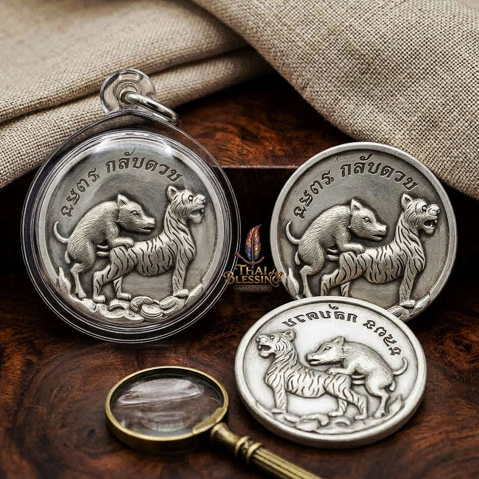 Moo Pi Suea Coin Thai Amulet Protection talisman good luck charm spiritual jewelry Sacred Pig Mating Tiger Alchemy Coin Wealth Elevation & Satin Silver Bronze