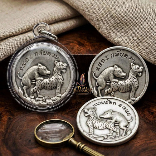 Moo Pi Suea Coin Thai Amulet Protection talisman good luck charm spiritual jewelry Sacred Pig Mating Tiger Alchemy Coin Wealth Elevation & Satin Silver Bronze