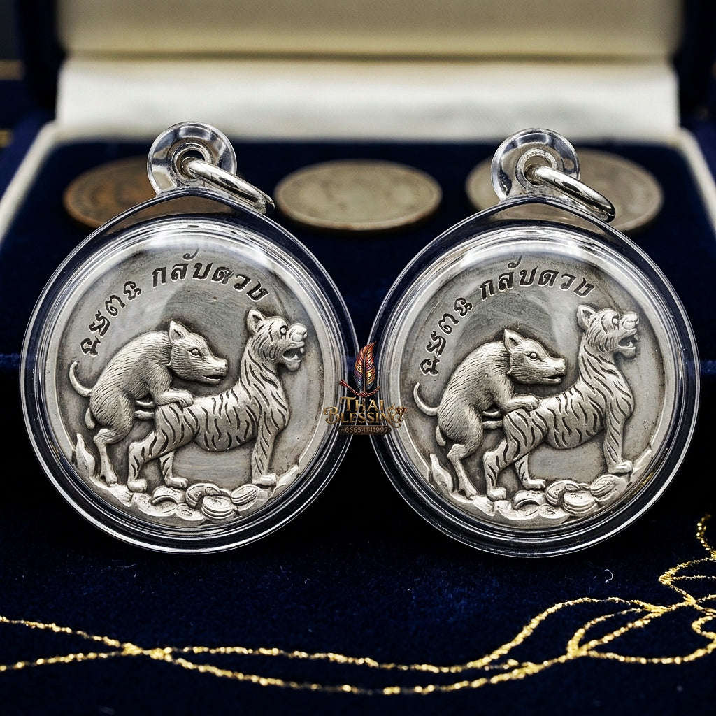 Moo Pi Suea Coin Thai Amulet Protection talisman good luck charm spiritual jewelry Sacred Pig Mating Tiger Alchemy Coin Wealth Elevation & Satin Silver Bronze