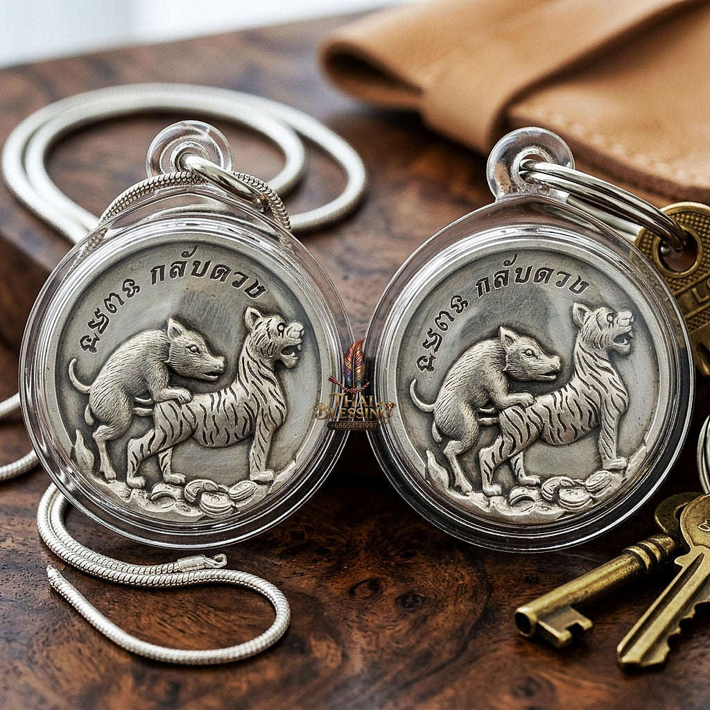 Moo Pi Suea Coin Thai Amulet Protection talisman good luck charm spiritual jewelry Sacred Pig Mating Tiger Alchemy Coin Wealth Elevation & Satin Silver Bronze