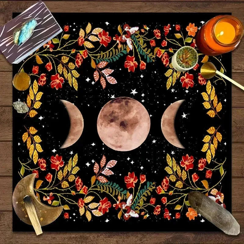 🌙 Moonlight Flower Tarot Card Table Cloth﻿ | Altar Card Mat & Witchcraft Astrology Supplies – Beautiful Decorative Card Mat for Sacred Rituals JP124