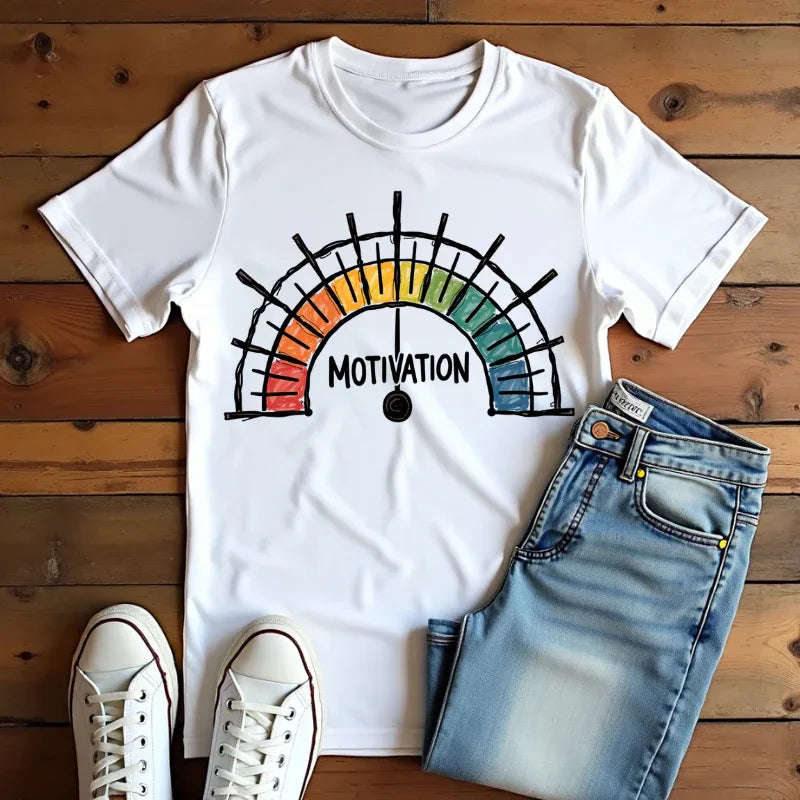 Motivation Gauge Shirt, Rainbow Meter Tee, Funny Productivity Mood Chart T-Shirt, Minimal Hand Drawn Graphic, Office Student Gift White