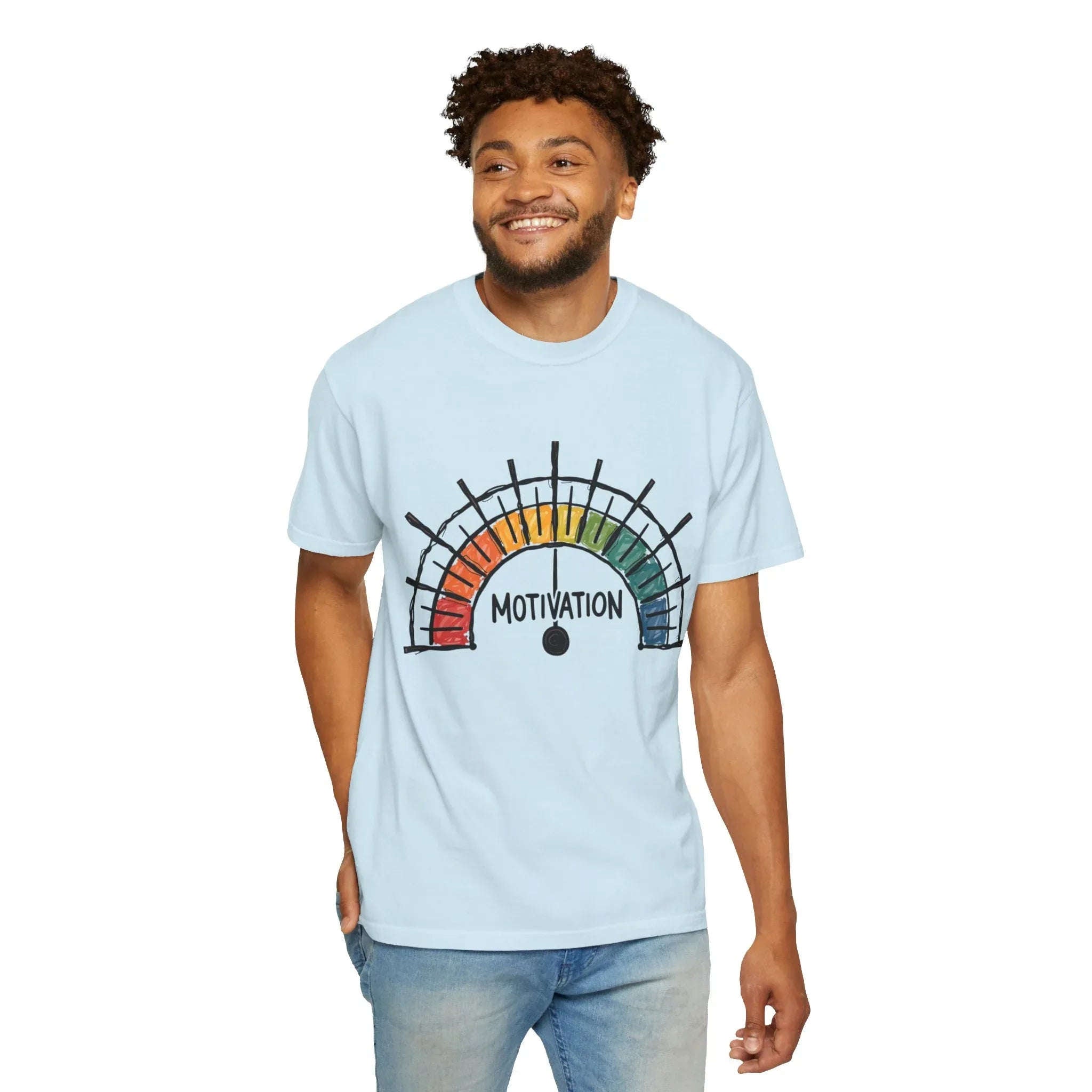 Motivation Gauge Shirt, Rainbow Meter Tee, Funny Productivity Mood Chart T-Shirt, Minimal Hand Drawn Graphic, Office Student Gift Chambray