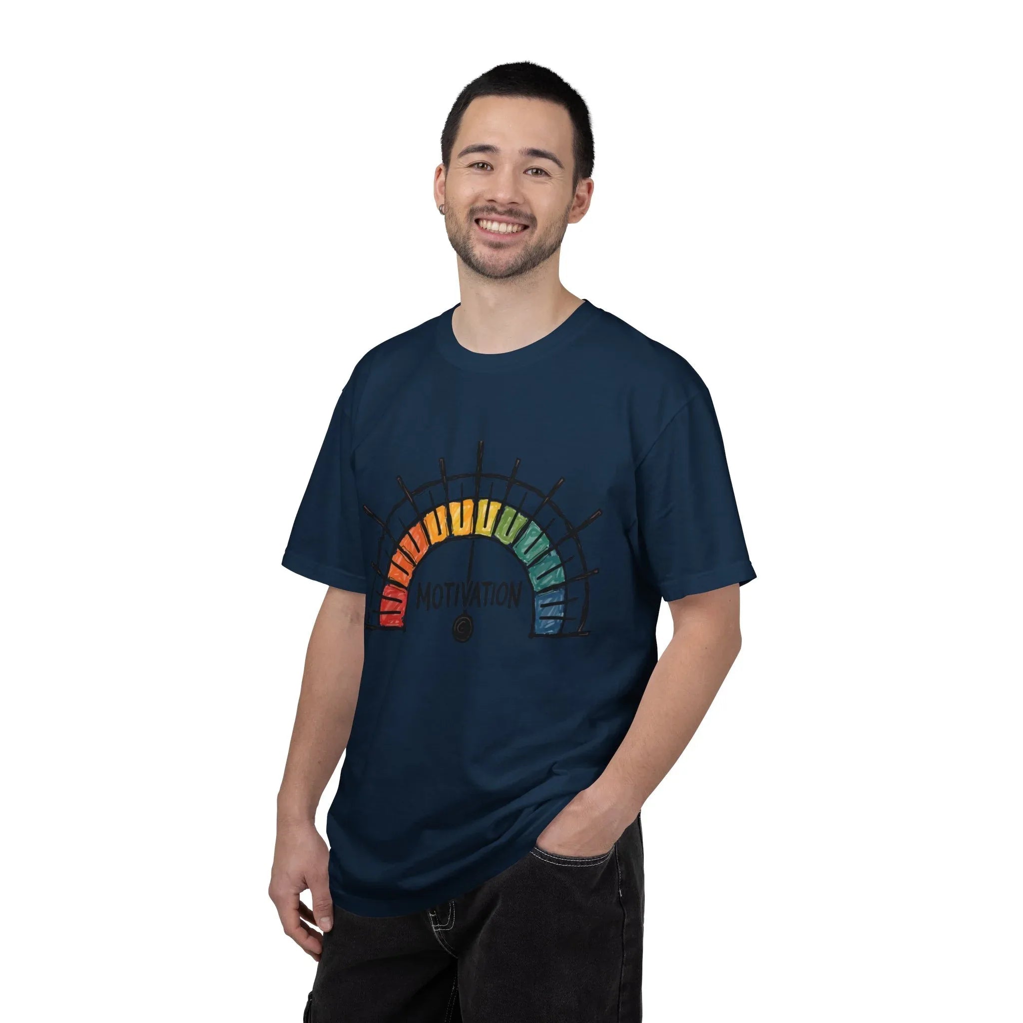 Motivation Gauge Shirt, Rainbow Meter Tee, Funny Productivity Mood Chart T-Shirt, Minimal Hand Drawn Graphic, Office Student Gift True Navy