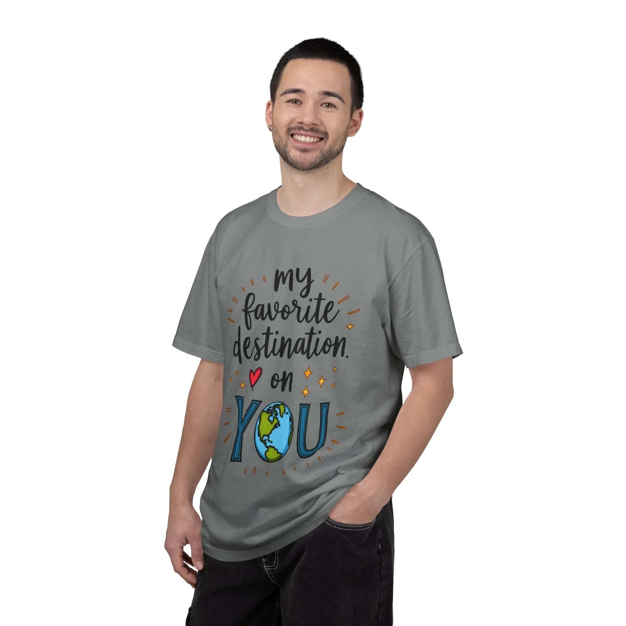 My Favorite Destination You Shirt, Travel Love Quote T-Shirt, Cute Globe Heart Tee, Couples Road Trip Gift, Anniversary Valentine Grey