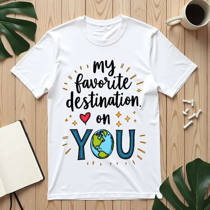 My Favorite Destination You Shirt, Travel Love Quote T-Shirt, Cute Globe Heart Tee, Couples Road Trip Gift, Anniversary Valentine White