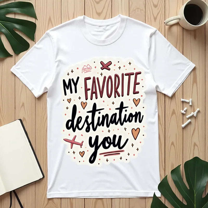 My Favorite Destination You Shirt, Travel Love Typography T-Shirt, Hearts and Planes Tee, Couples Road Trip Gift, Anniversary Valentine White