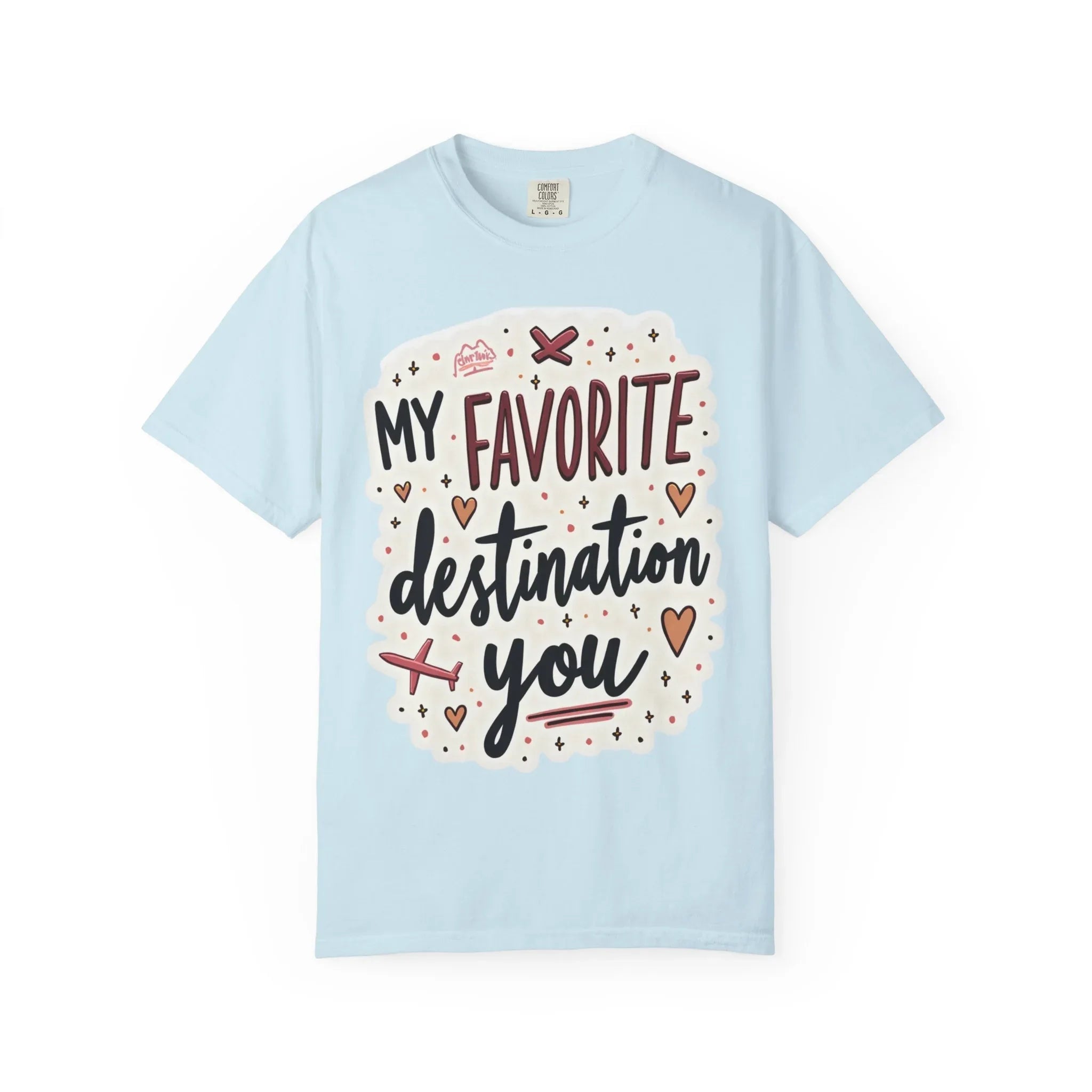 My Favorite Destination You Shirt, Travel Love Typography T-Shirt, Hearts and Planes Tee, Couples Road Trip Gift, Anniversary Valentine Chambray