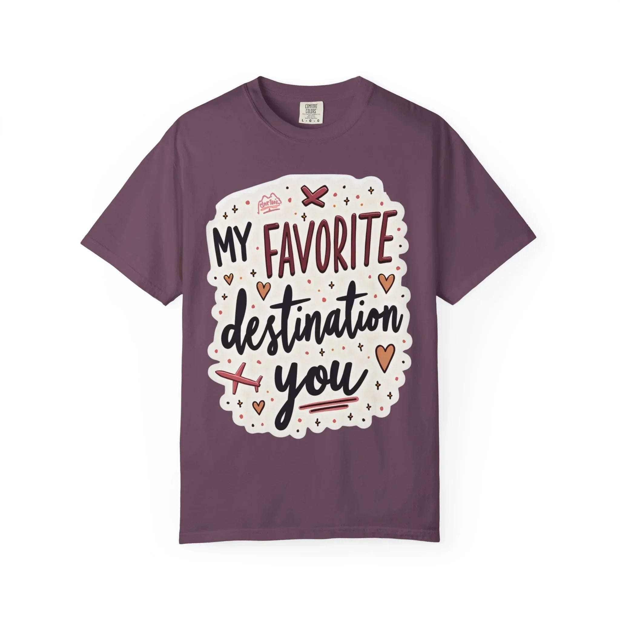 My Favorite Destination You Shirt, Travel Love Typography T-Shirt, Hearts and Planes Tee, Couples Road Trip Gift, Anniversary Valentine Berry M