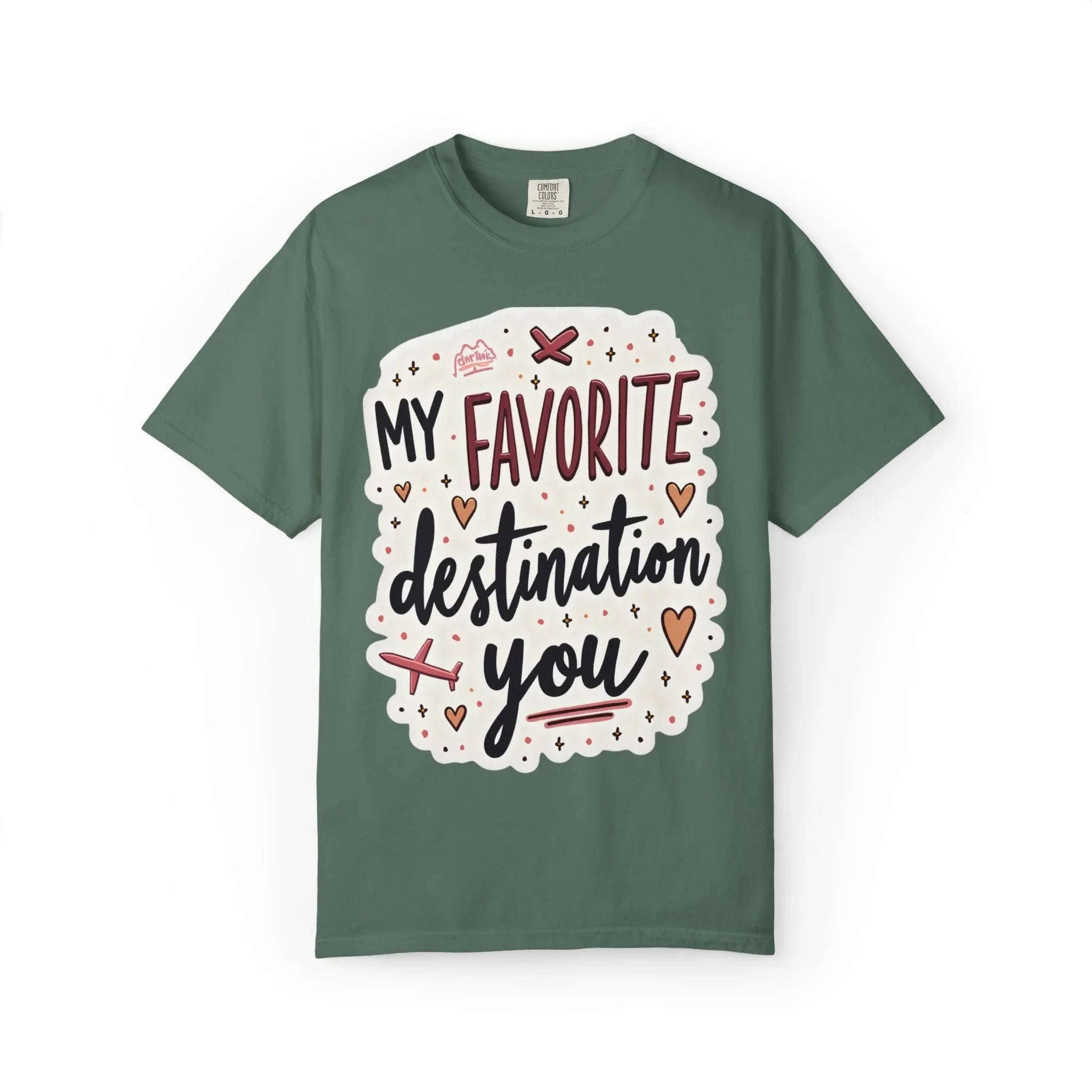 My Favorite Destination You Shirt, Travel Love Typography T-Shirt, Hearts and Planes Tee, Couples Road Trip Gift, Anniversary Valentine Blue Spruce