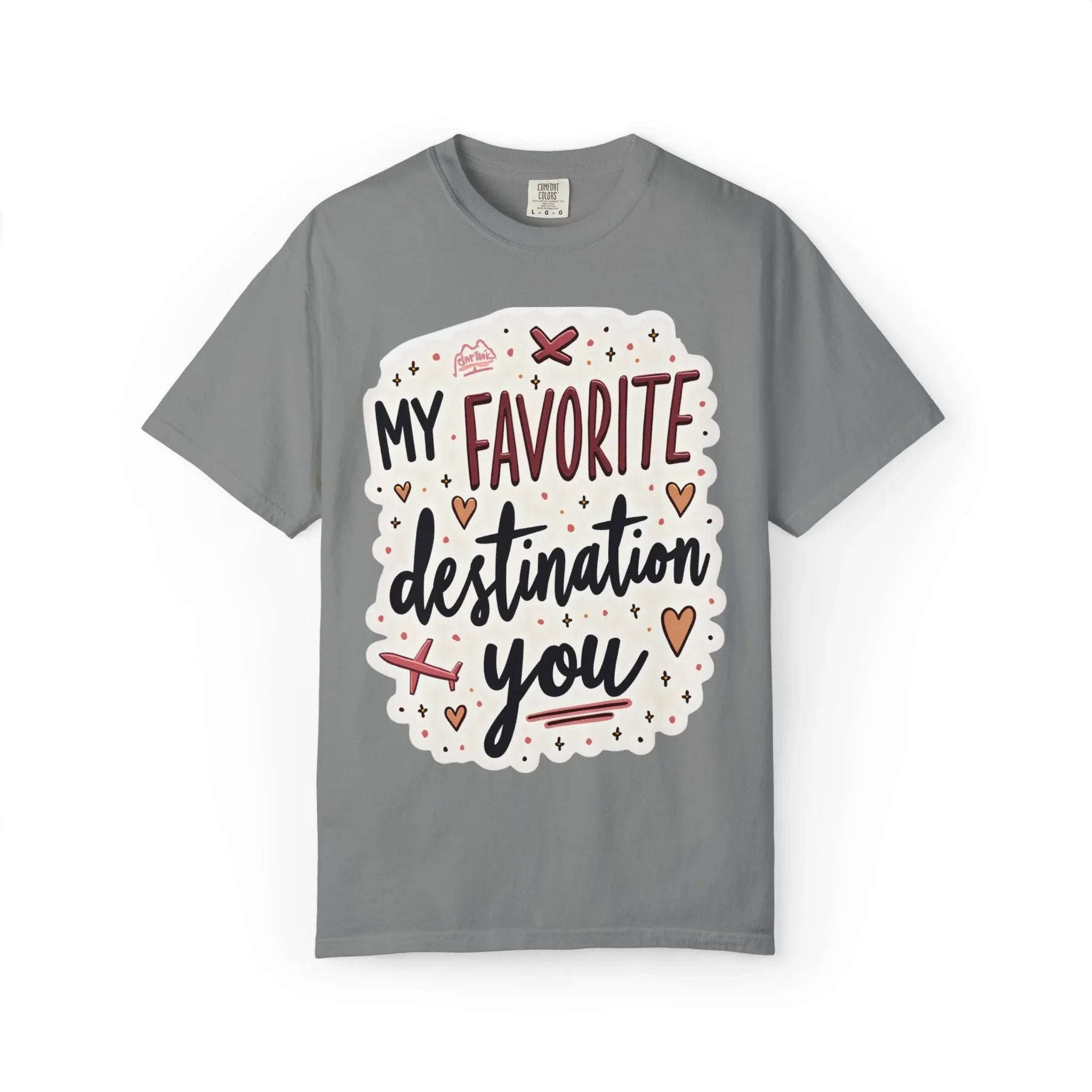 My Favorite Destination You Shirt, Travel Love Typography T-Shirt, Hearts and Planes Tee, Couples Road Trip Gift, Anniversary Valentine Grey