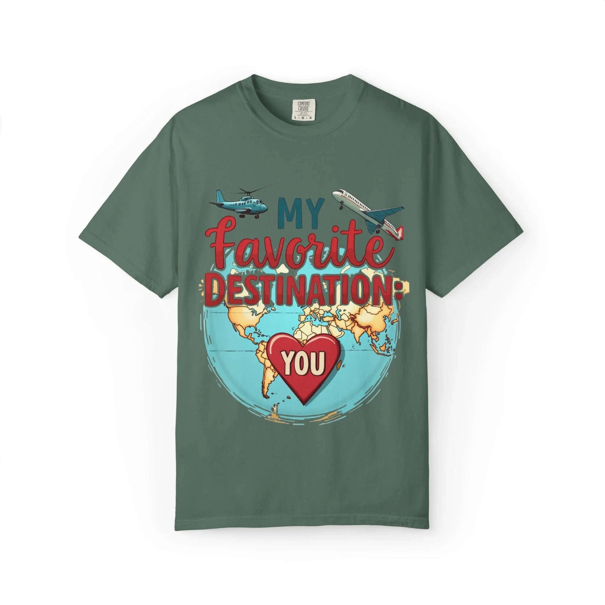 My Favorite Destination You Shirt, Travel Map Heart Plane T-Shirt, Cute Globe Airplane Tee, Couples Road Trip Gift, Anniversary Valentine Blue Spruce