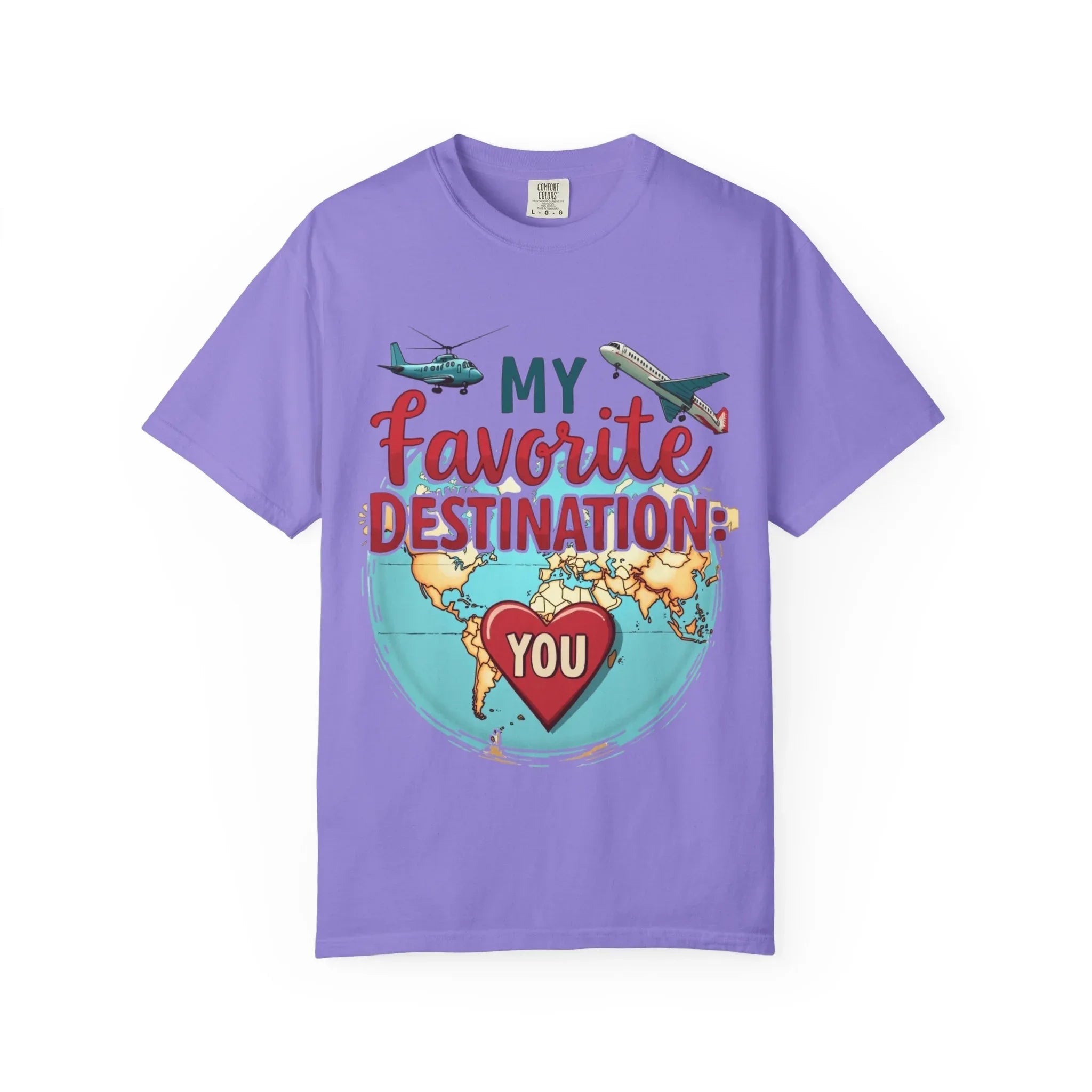 My Favorite Destination You Shirt, Travel Map Heart Plane T-Shirt, Cute Globe Airplane Tee, Couples Road Trip Gift, Anniversary Valentine Violet