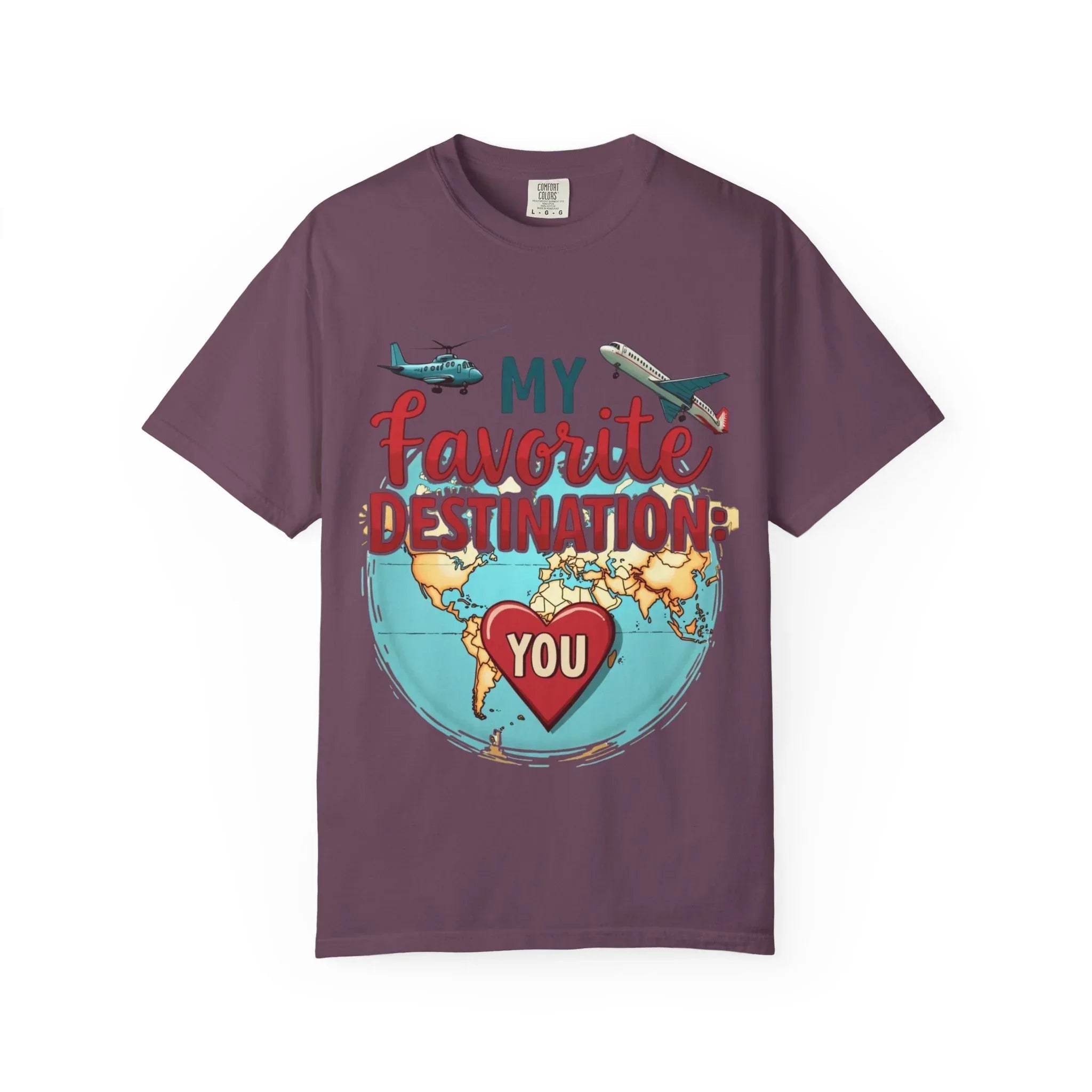 My Favorite Destination You Shirt, Travel Map Heart Plane T-Shirt, Cute Globe Airplane Tee, Couples Road Trip Gift, Anniversary Valentine Berry M