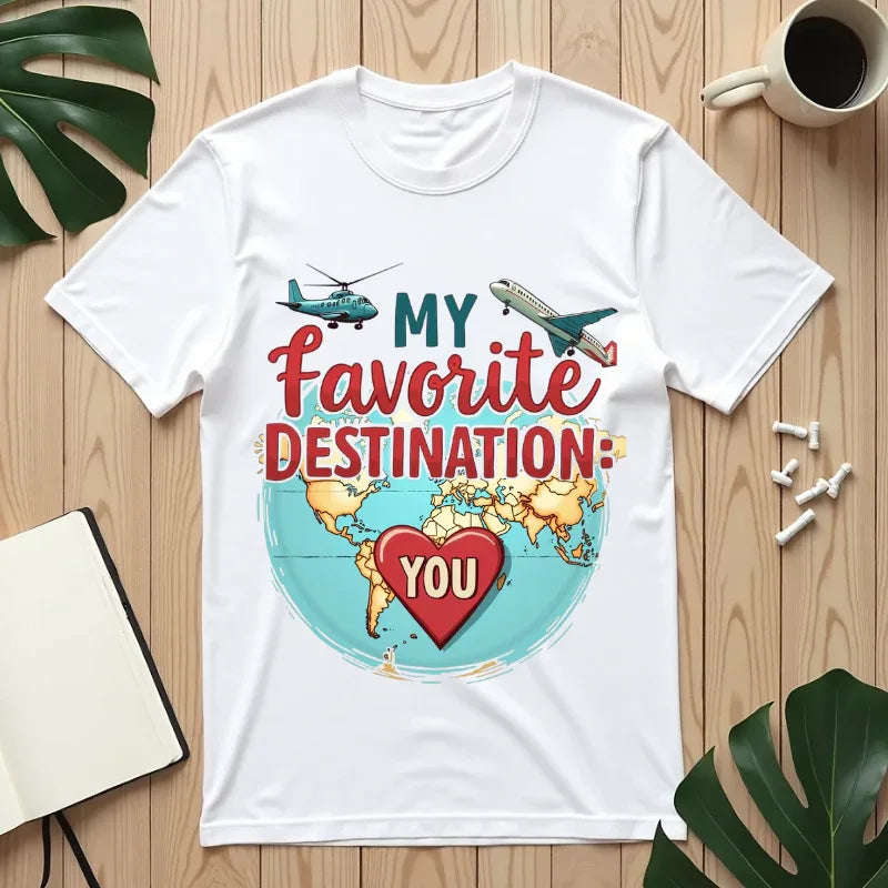 My Favorite Destination You Shirt, Travel Map Heart Plane T-Shirt, Cute Globe Airplane Tee, Couples Road Trip Gift, Anniversary Valentine White