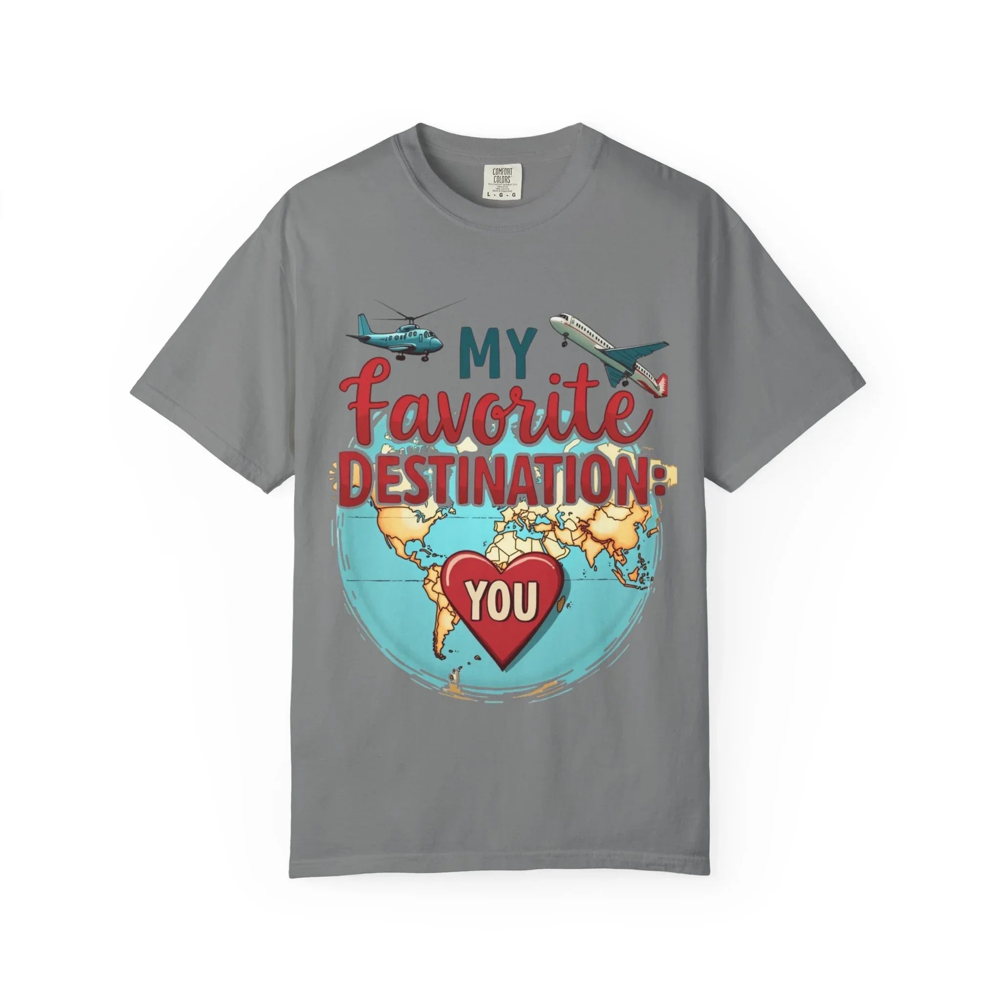 My Favorite Destination You Shirt, Travel Map Heart Plane T-Shirt, Cute Globe Airplane Tee, Couples Road Trip Gift, Anniversary Valentine Grey