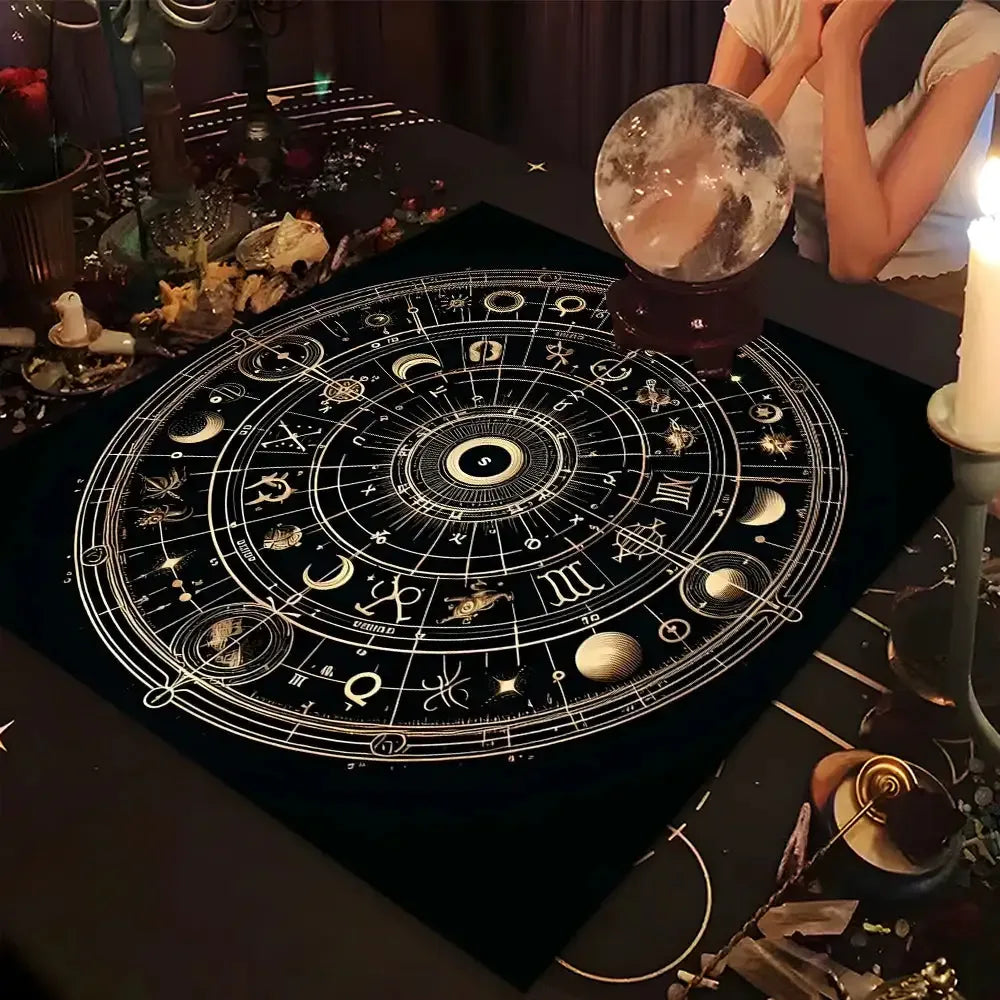 🔮 Mystery Symbol Tarot Tablecloth – Durable 100% Polyester Mat Featuring Vivid, Fade-resistant occult and celestial Designs