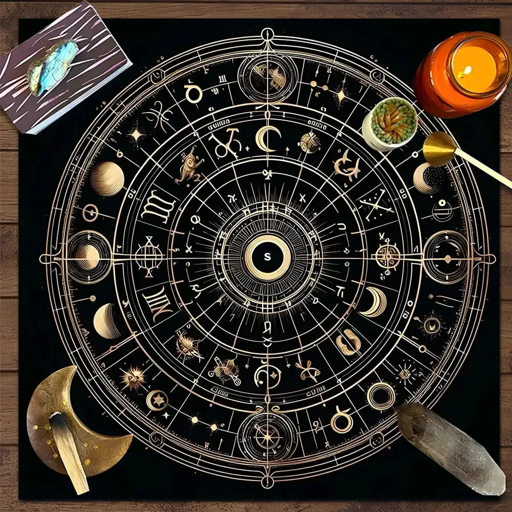 🔮 Mystery Symbol Tarot Tablecloth – Durable 100% Polyester Mat Featuring Vivid, Fade-resistant occult and celestial Designs