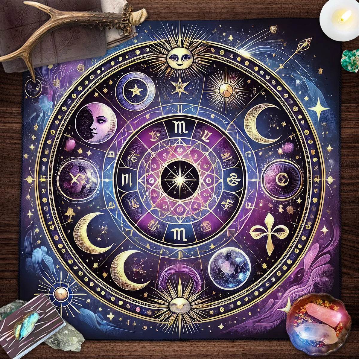 celestial tarot tablecloth with zodiac wheel moons stars and sun printed on purple blue mystical cloth on wooden table