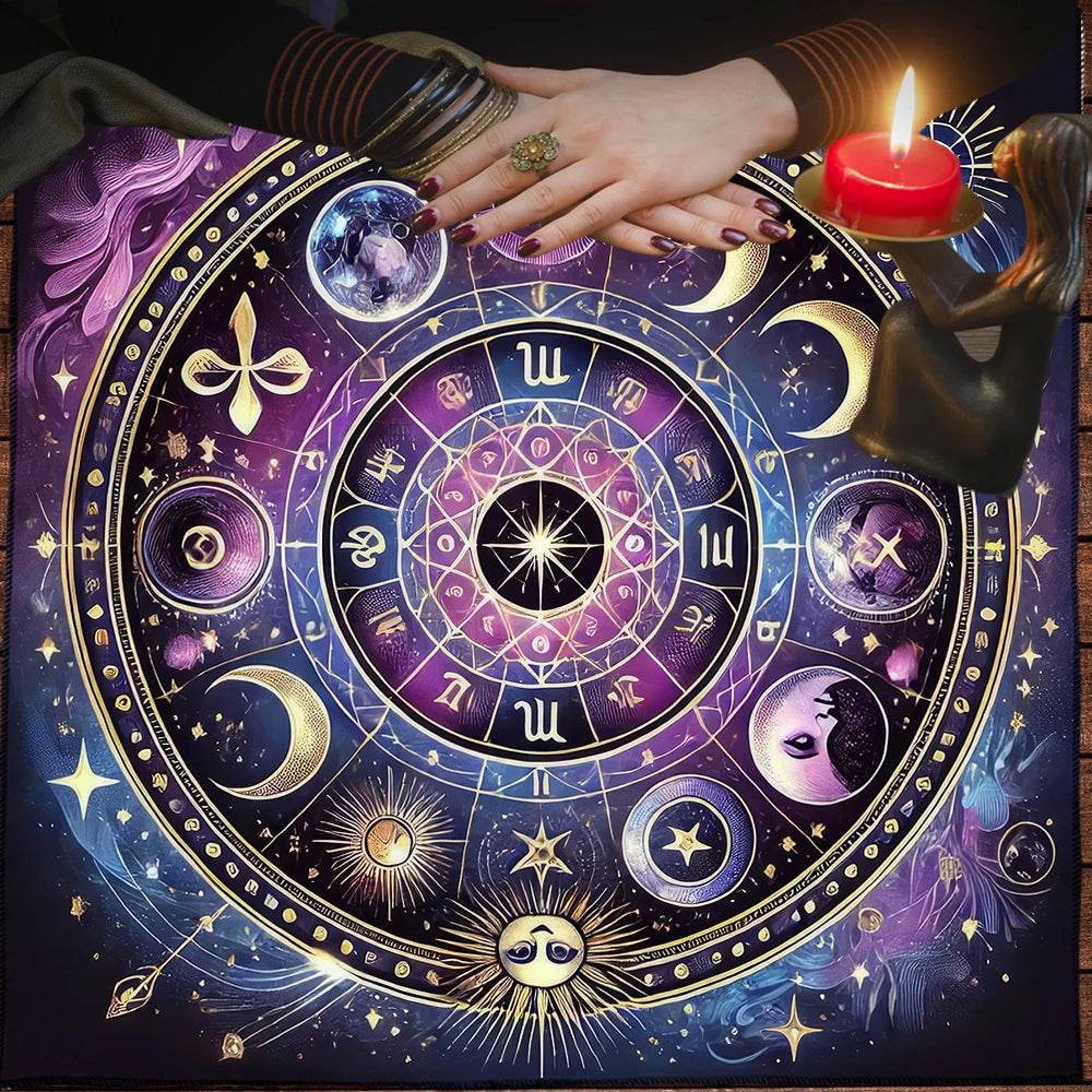 Purple zodiac wheel celestial tarot tablecloth with hands, crystal ball, lit red candle, moon and sun symbols