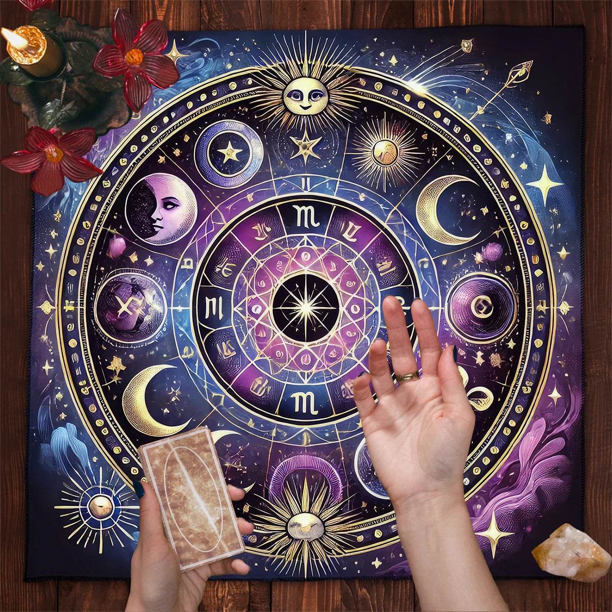 Hands arranging tarot cards on purple and blue zodiac cloth with sun moon stars celestial tarot tablecloth
