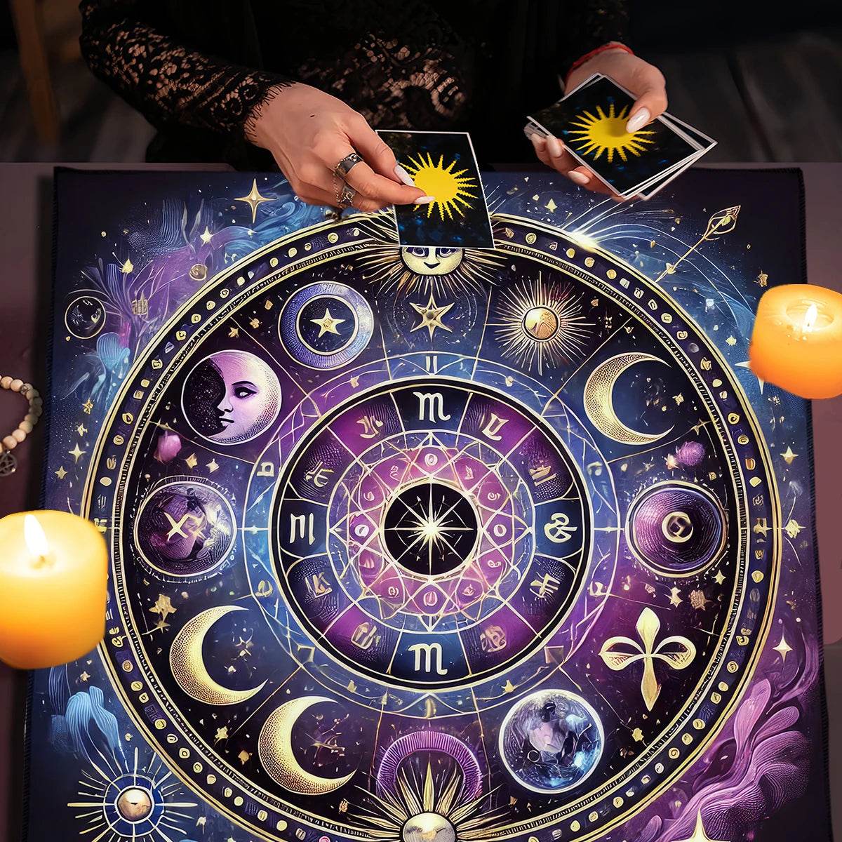 Hands shuffling tarot cards over a purple zodiac ritual cloth with moons stars and candles celestial tarot tablecloth