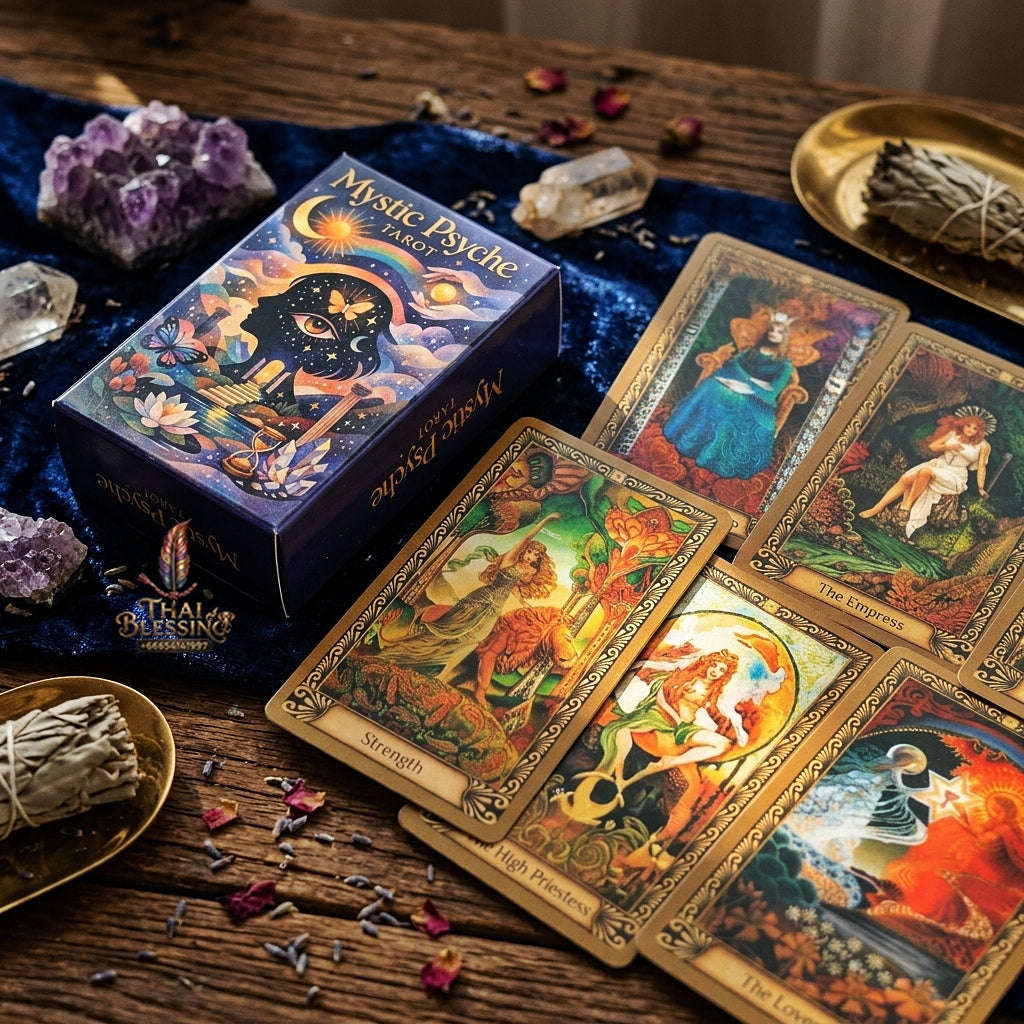 Mystic Psyche Tarot Deck (78 Pcs Archetypal & Alchemical Edition) - Intuitive Wisdom Cards with Intricate Gold Borders for Spiritual Growth, Readings & Tarot Collectors Thai Blessing Co By RURUECHA