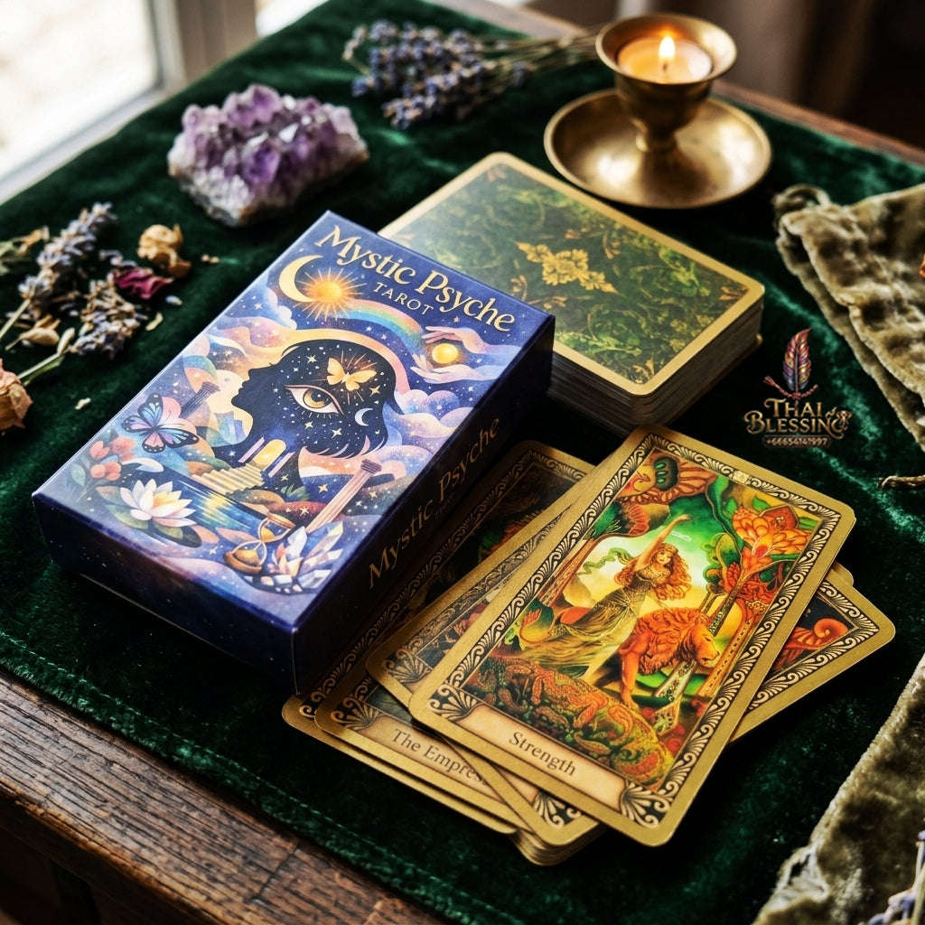 Mystic Psyche Tarot Deck (78 Pcs Archetypal & Alchemical Edition) - Intuitive Wisdom Cards with Intricate Gold Borders for Spiritual Growth, Readings & Tarot Collectors Thai Blessing Co By RURUECHA