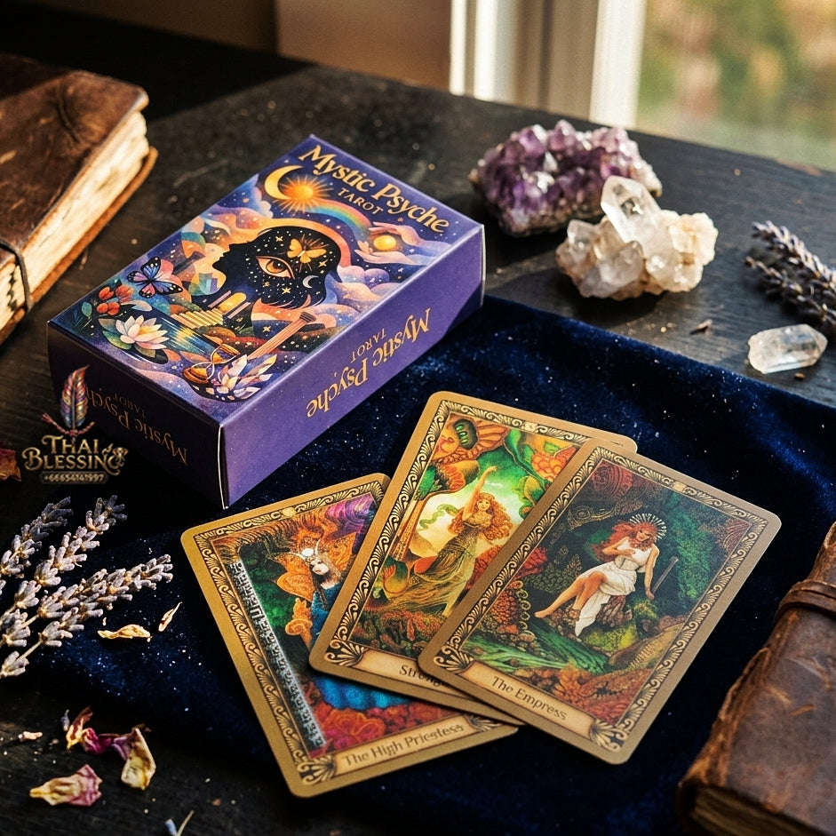 Mystic Psyche Tarot Deck (78 Pcs Archetypal & Alchemical Edition) - Intuitive Wisdom Cards with Intricate Gold Borders for Spiritual Growth, Readings & Tarot Collectors Thai Blessing Co By RURUECHA