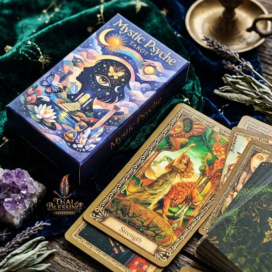 Mystic Psyche Tarot Deck (78 Pcs Archetypal & Alchemical Edition) - Intuitive Wisdom Cards with Intricate Gold Borders for Spiritual Growth, Readings & Tarot Collectors Thai Blessing Co By RURUECHA