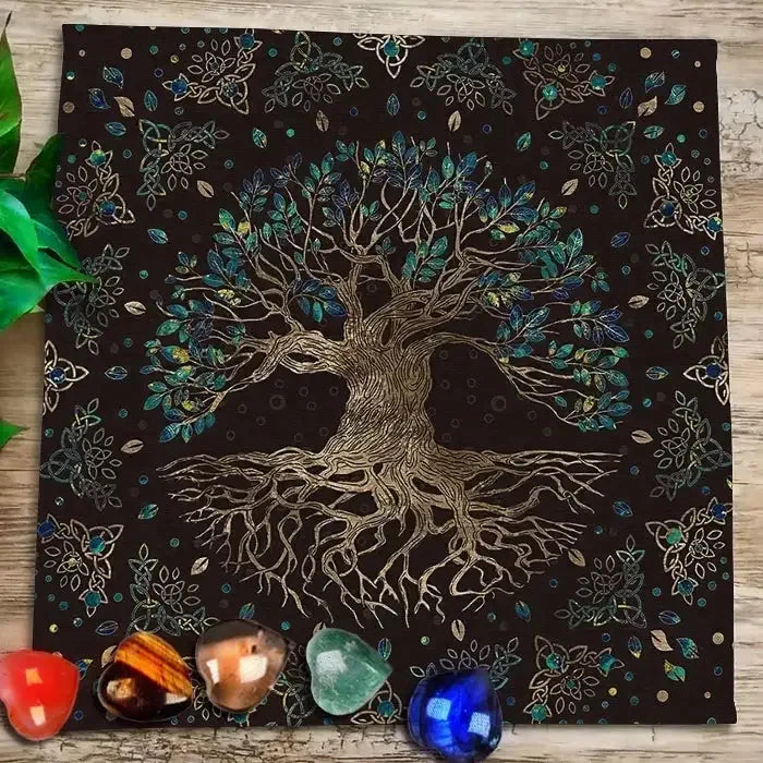 🔮Mystical Altar Cloth Featuring Crystal Pendulum, Crescent Moon, Aura Pentagram & Astrology Symbols – Durable Polyester Tarot Mat