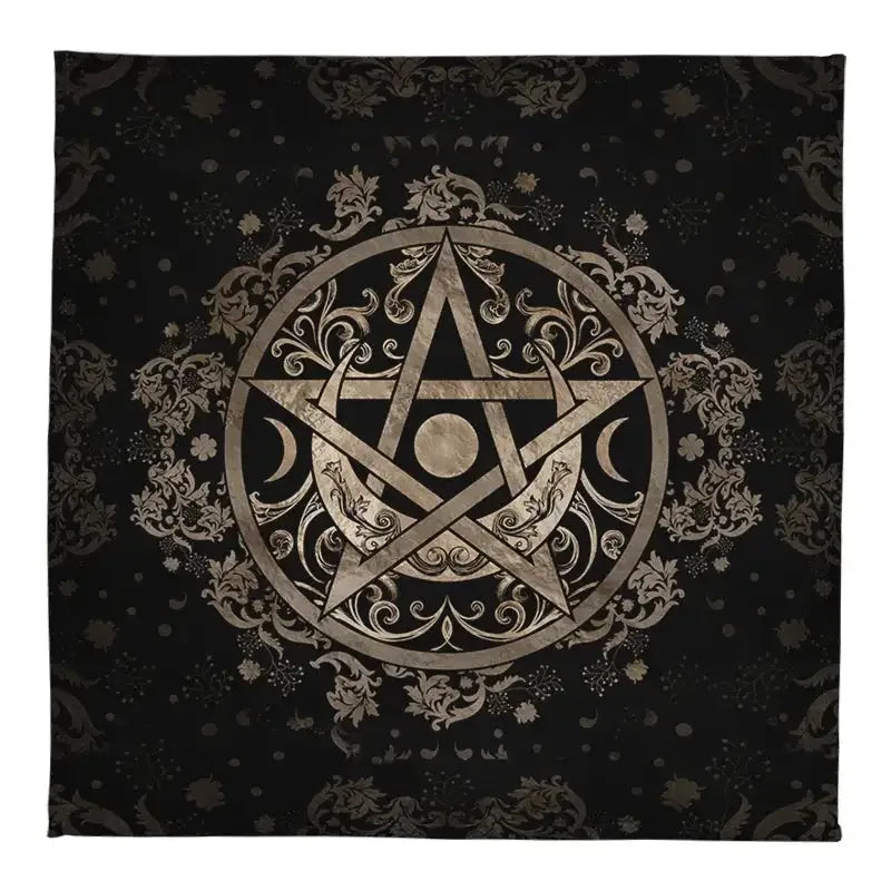 🔮Mystical Altar Cloth Featuring Crystal Pendulum, Crescent Moon, Aura Pentagram & Astrology Symbols – Durable Polyester Tarot Mat