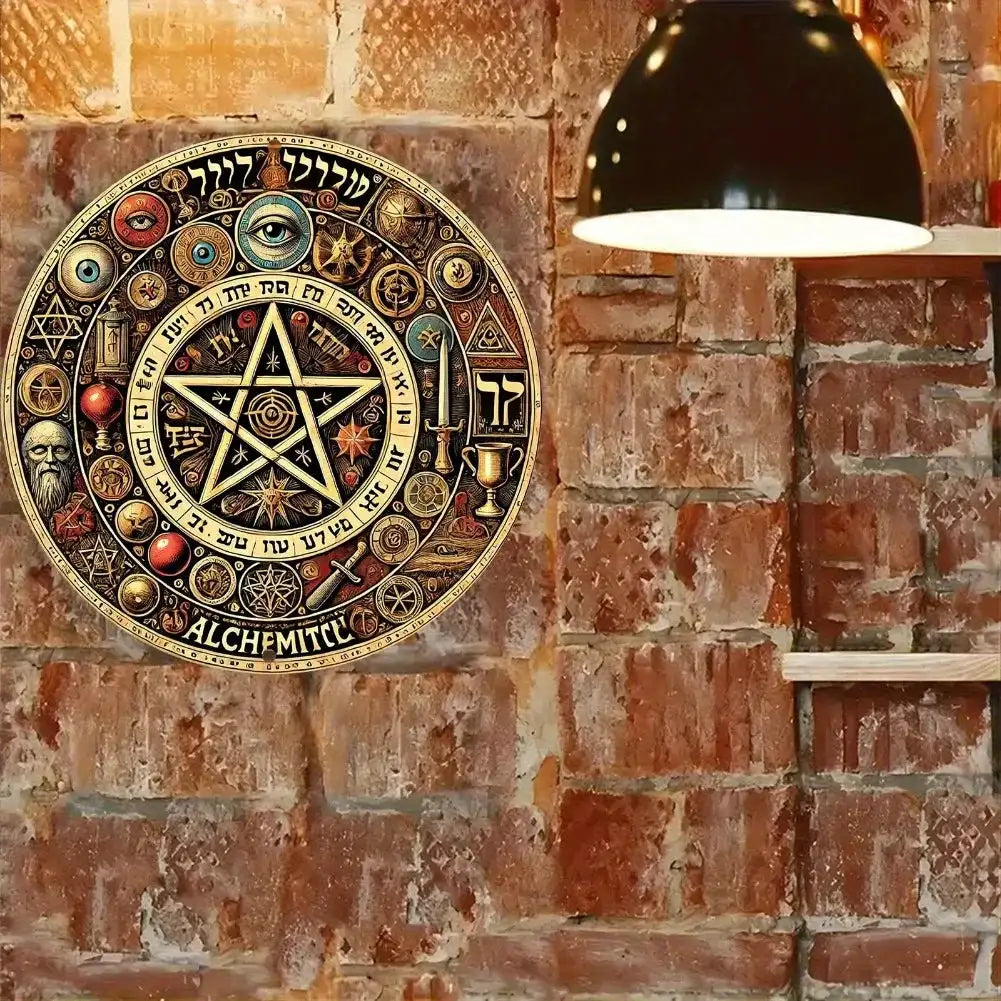 Golden Star Wall Hanging – 8x8 Inch Aluminum Metal Mystical Decor with Hebrew Symbols and Occult Esoterica