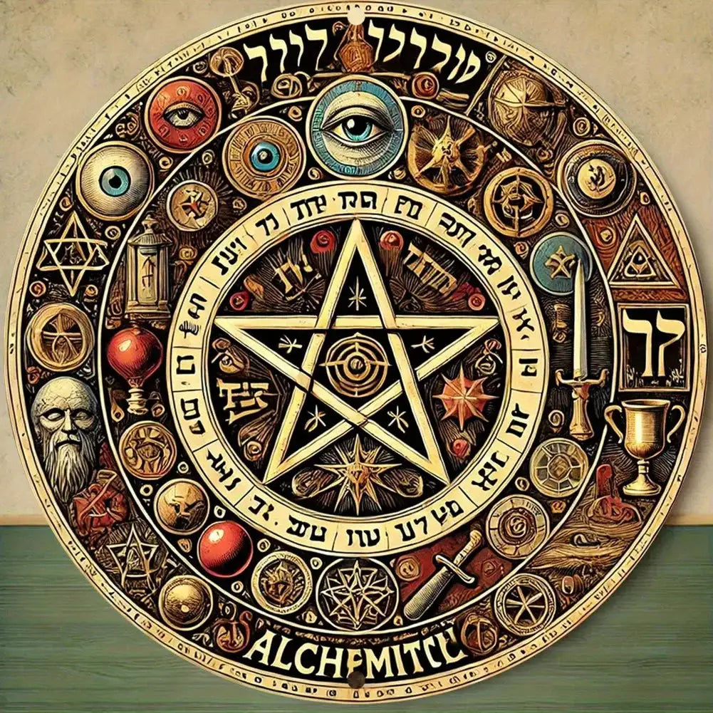 Golden Star Wall Hanging – 8x8 Inch Aluminum Metal Mystical Decor with Hebrew Symbols and Occult Esoterica