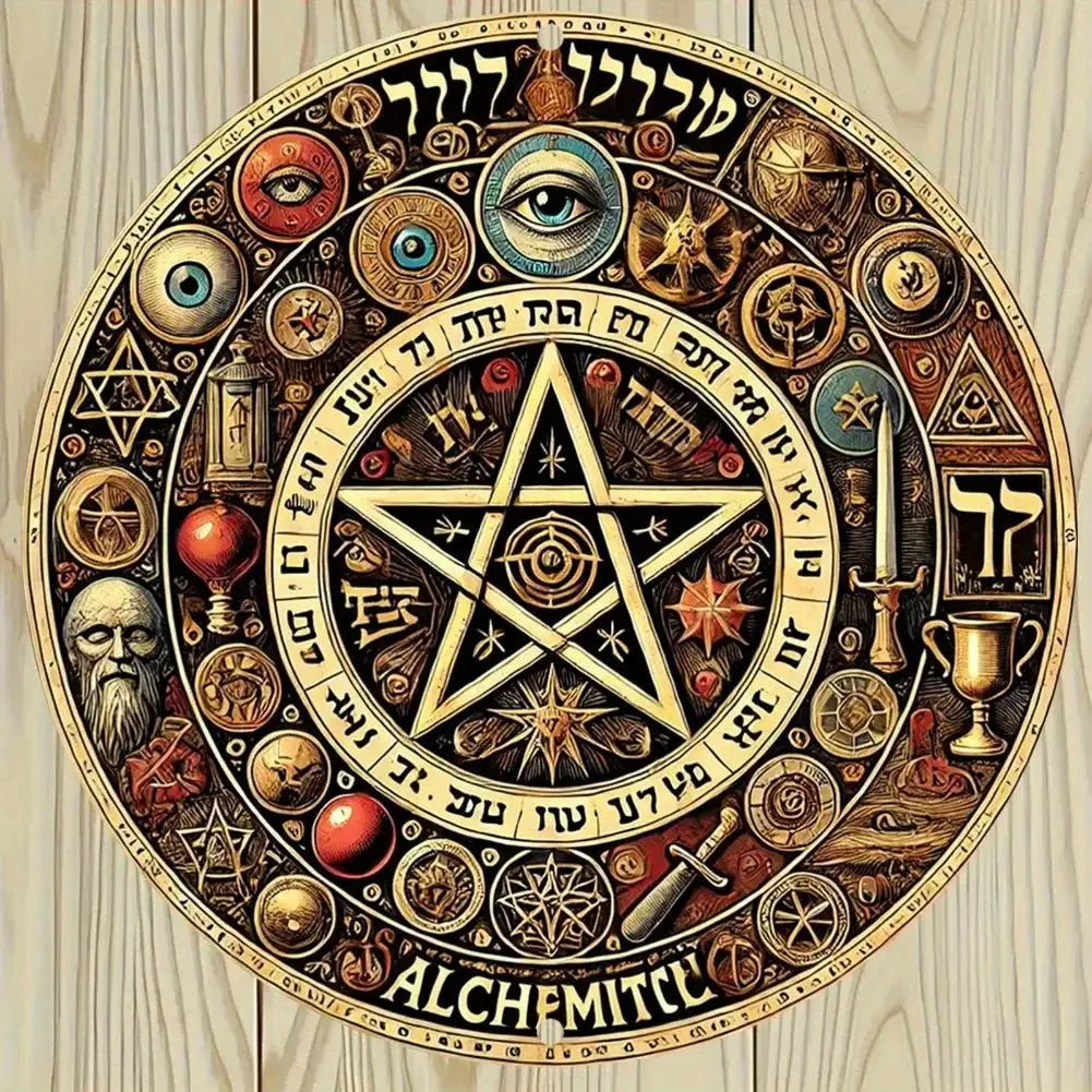 Golden Star Wall Hanging – 8x8 Inch Aluminum Metal Mystical Decor with Hebrew Symbols and Occult Esoterica