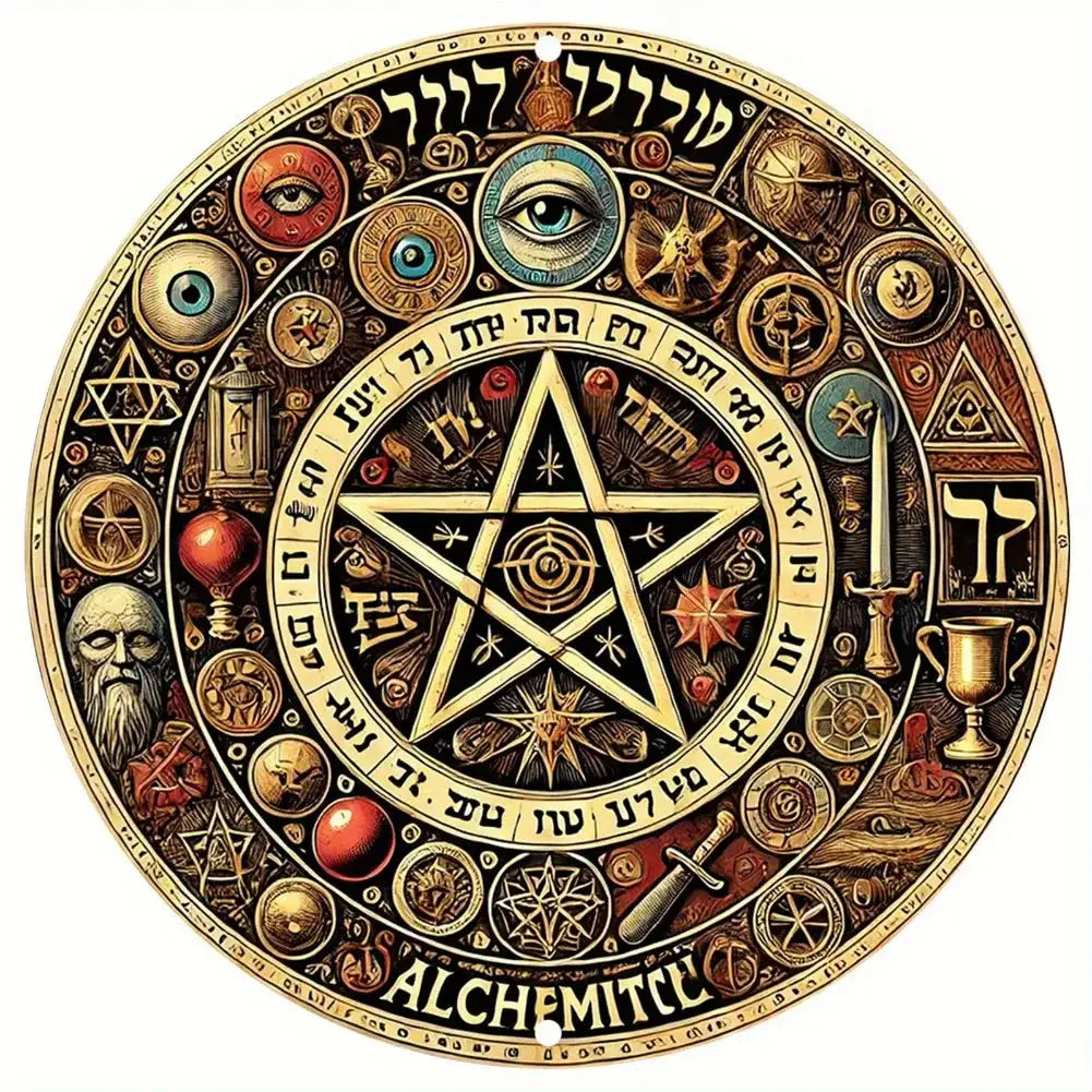Golden Star Wall Hanging – 8x8 Inch Aluminum Metal Mystical Decor with Hebrew Symbols and Occult Esoterica