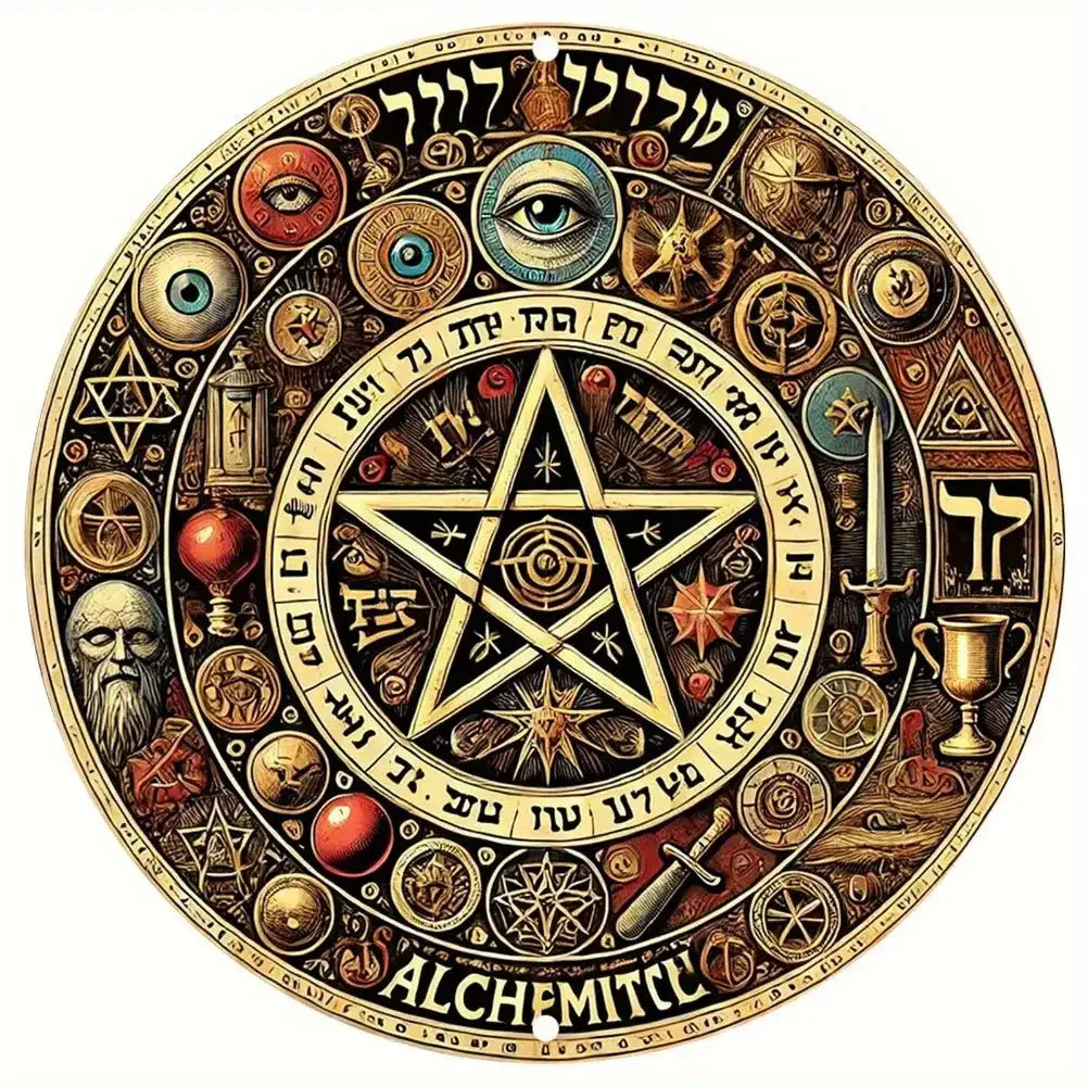 Golden Star Wall Hanging – 8x8 Inch Aluminum Metal Mystical Decor with Hebrew Symbols and Occult Esoterica