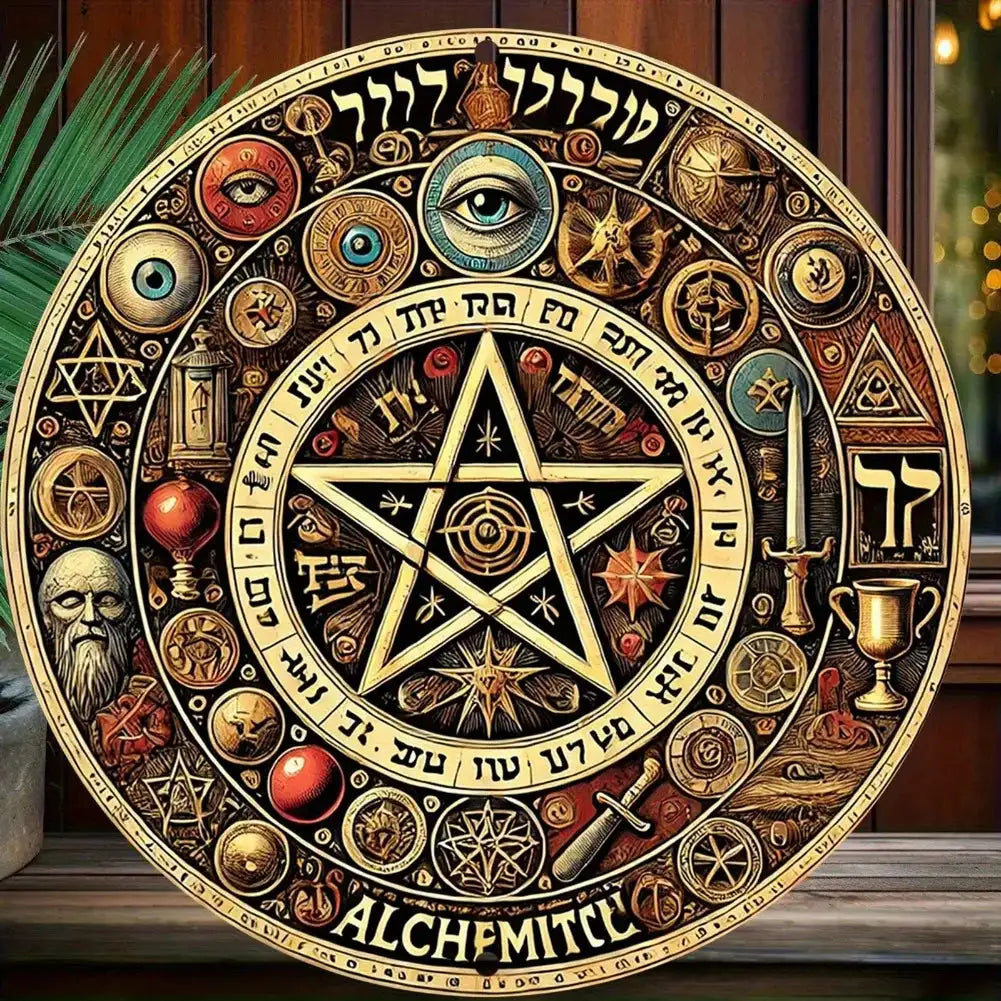 Golden Star Wall Hanging – 8x8 Inch Aluminum Metal Mystical Decor with Hebrew Symbols and Occult Esoterica
