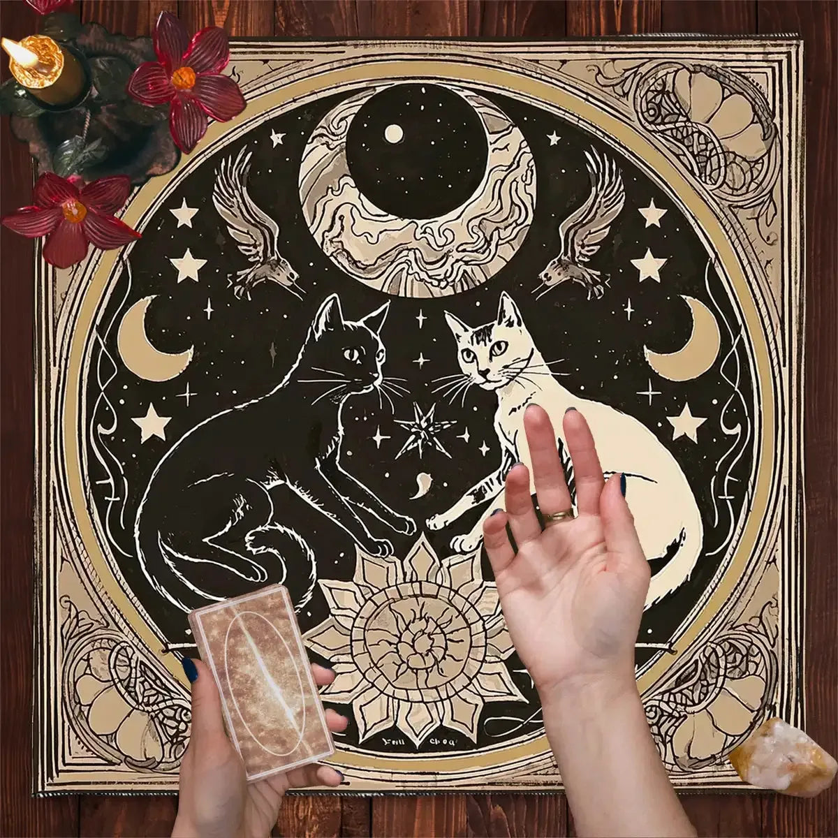 🐱 Mystical Moon Cats Altar Cloth – Soft Polyester Tarot Mat Featuring Enchanting Cat, Floral, and Celestial Moon Designs