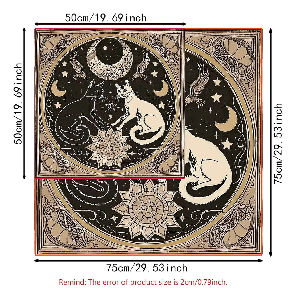🐱 Mystical Moon Cats Altar Cloth – Soft Polyester Tarot Mat Featuring Enchanting Cat, Floral, and Celestial Moon Designs