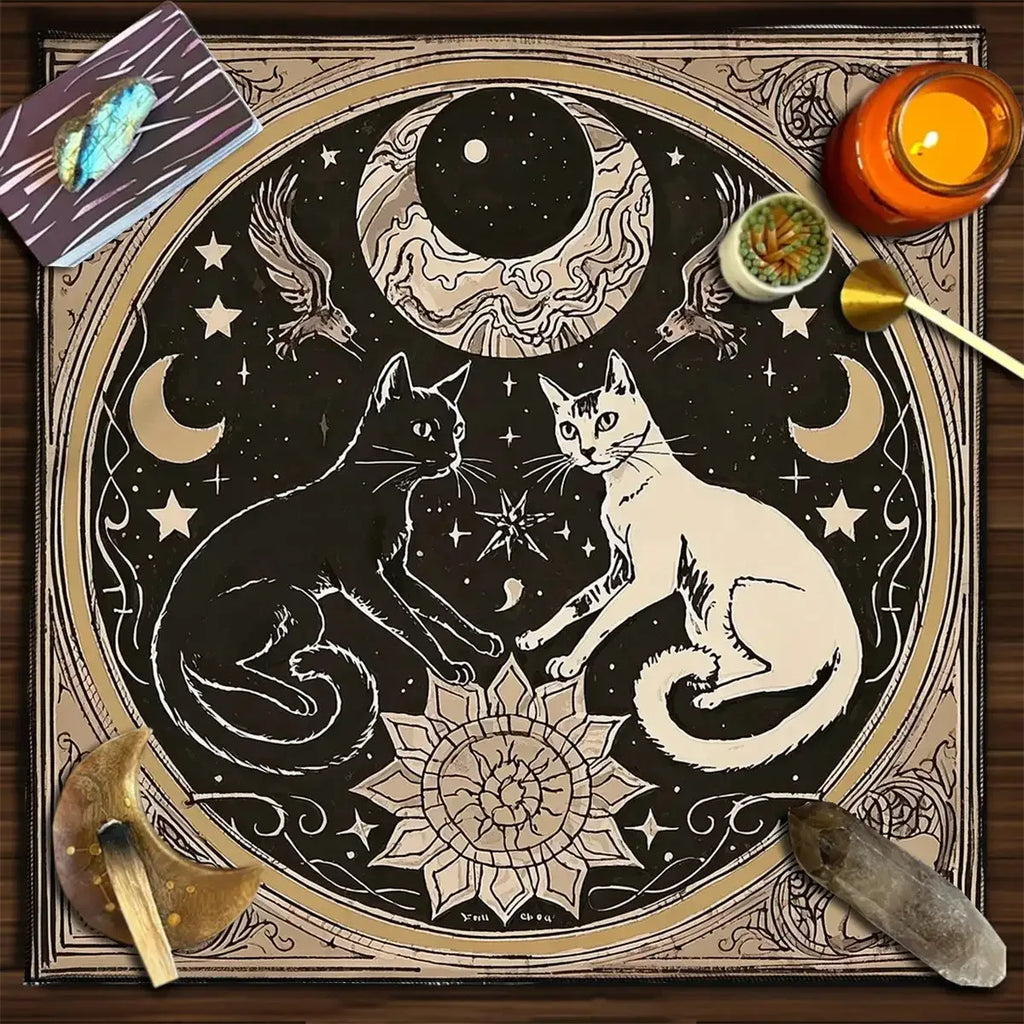🐱 Mystical Moon Cats Altar Cloth – Soft Polyester Tarot Mat Featuring Enchanting Cat, Floral, and Celestial Moon Designs
