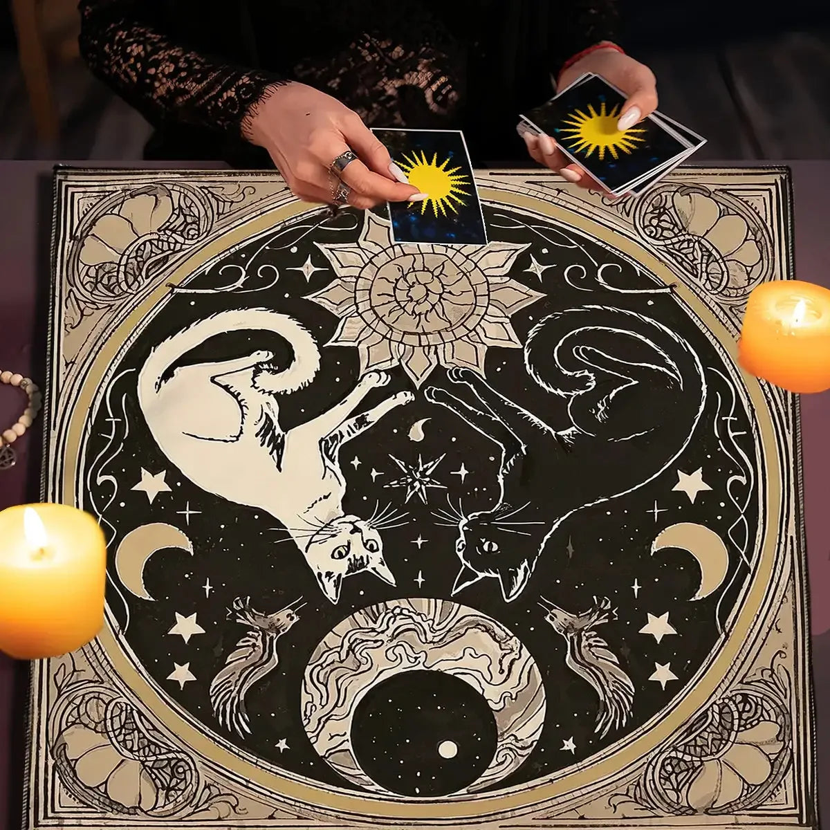 🐱 Mystical Moon Cats Altar Cloth – Soft Polyester Tarot Mat Featuring Enchanting Cat, Floral, and Celestial Moon Designs
