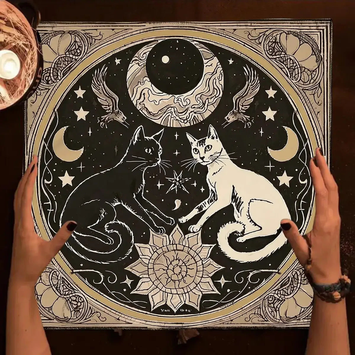 🐱 Mystical Moon Cats Altar Cloth – Soft Polyester Tarot Mat Featuring Enchanting Cat, Floral, and Celestial Moon Designs