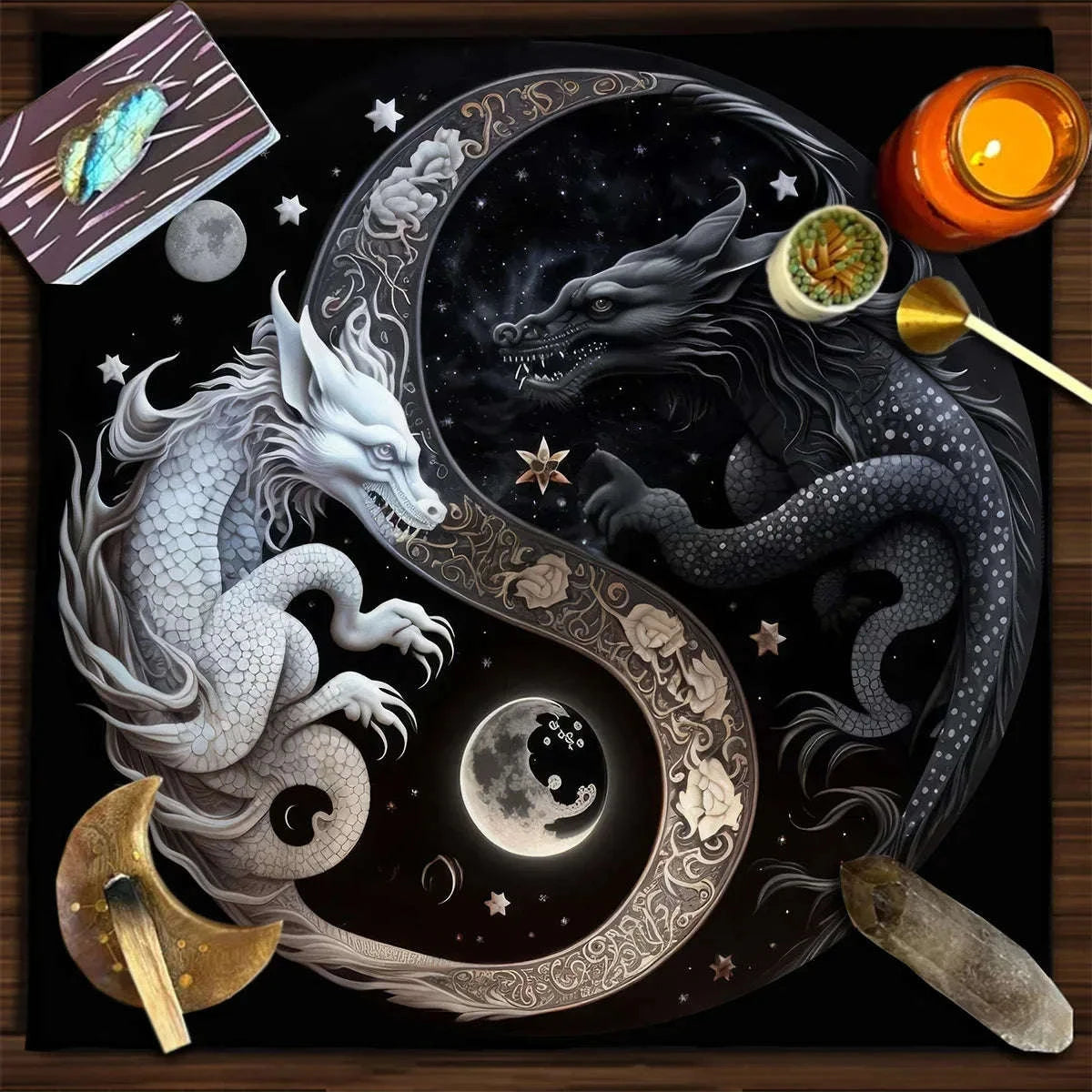 🧿Mystical Sun & Moon Phoenix Tarot Tablecloth – Ice and Fire Phoenix Altar Cloth for Powerful Tarot Readings, Witchcraft & Celestial Home Decor TLB (351)