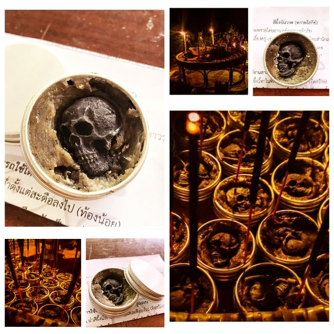 Thai Blessing Co tins of skull shaped balm with burning incense and candles Namman Prai balm for spiritual power