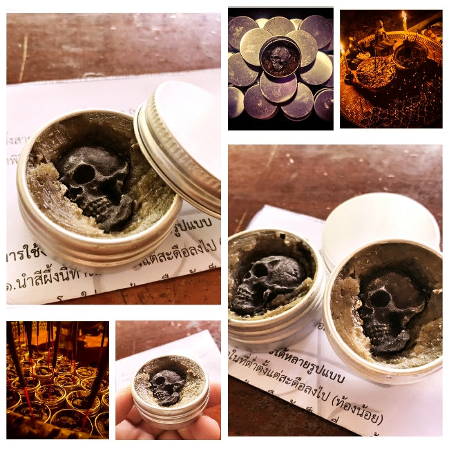 Tin of Namman Prai balm for spiritual power showing black skull shaped salve in a small metal jar on paper