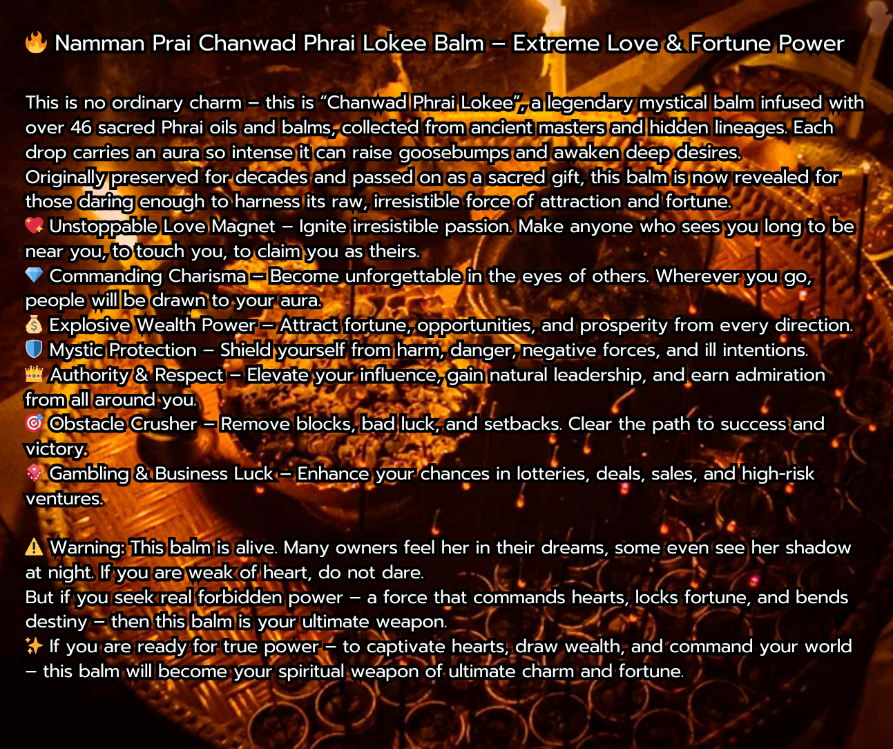 Thai Blessing Co label detailing Namman Prai balm for spiritual power benefits and mystical attraction claims