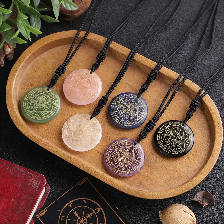 ✨ Natural Crystal Quartz Seven Archangels Amulet Necklace – Seal of Solomon Talisman | Men’s Spiritual Protection Jewelry with Archangel Michael
