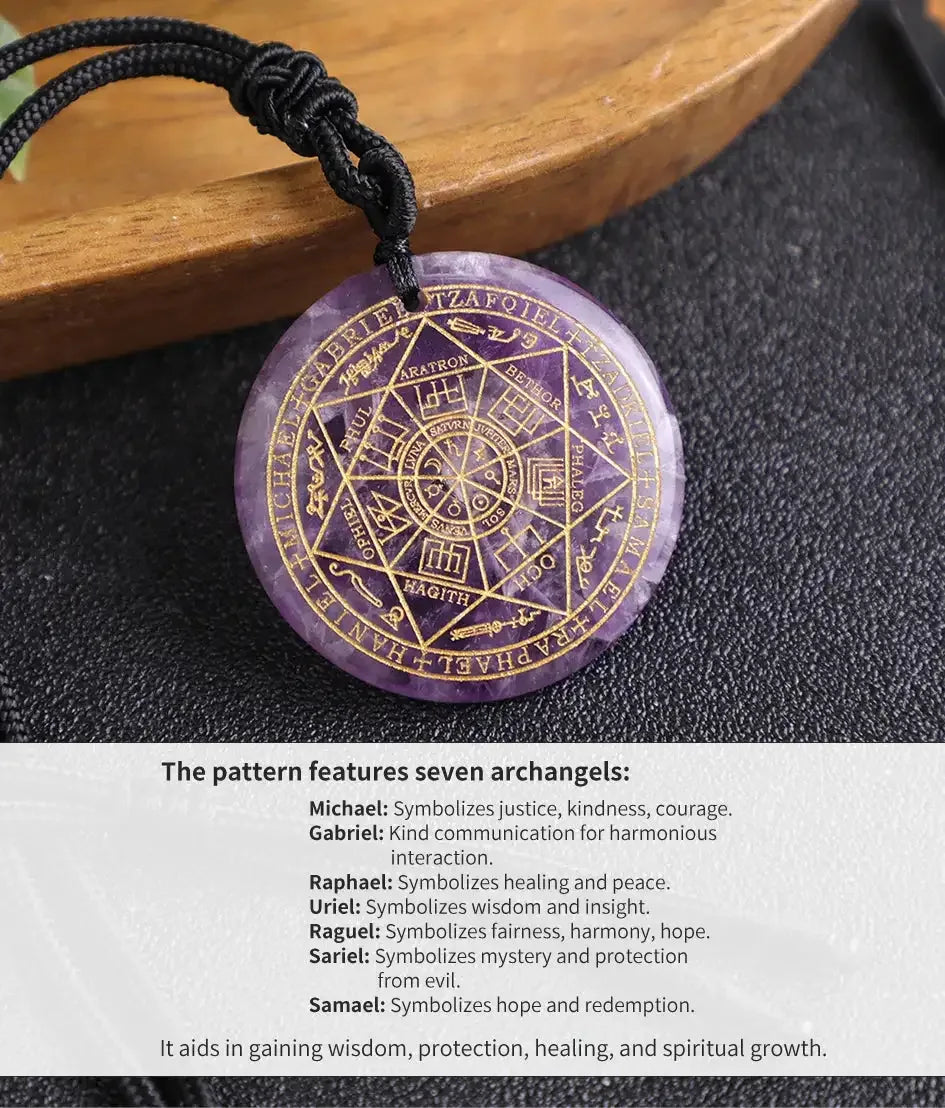 ✨ Natural Crystal Quartz Seven Archangels Amulet Necklace – Seal of Solomon Talisman | Men’s Spiritual Protection Jewelry with Archangel Michael